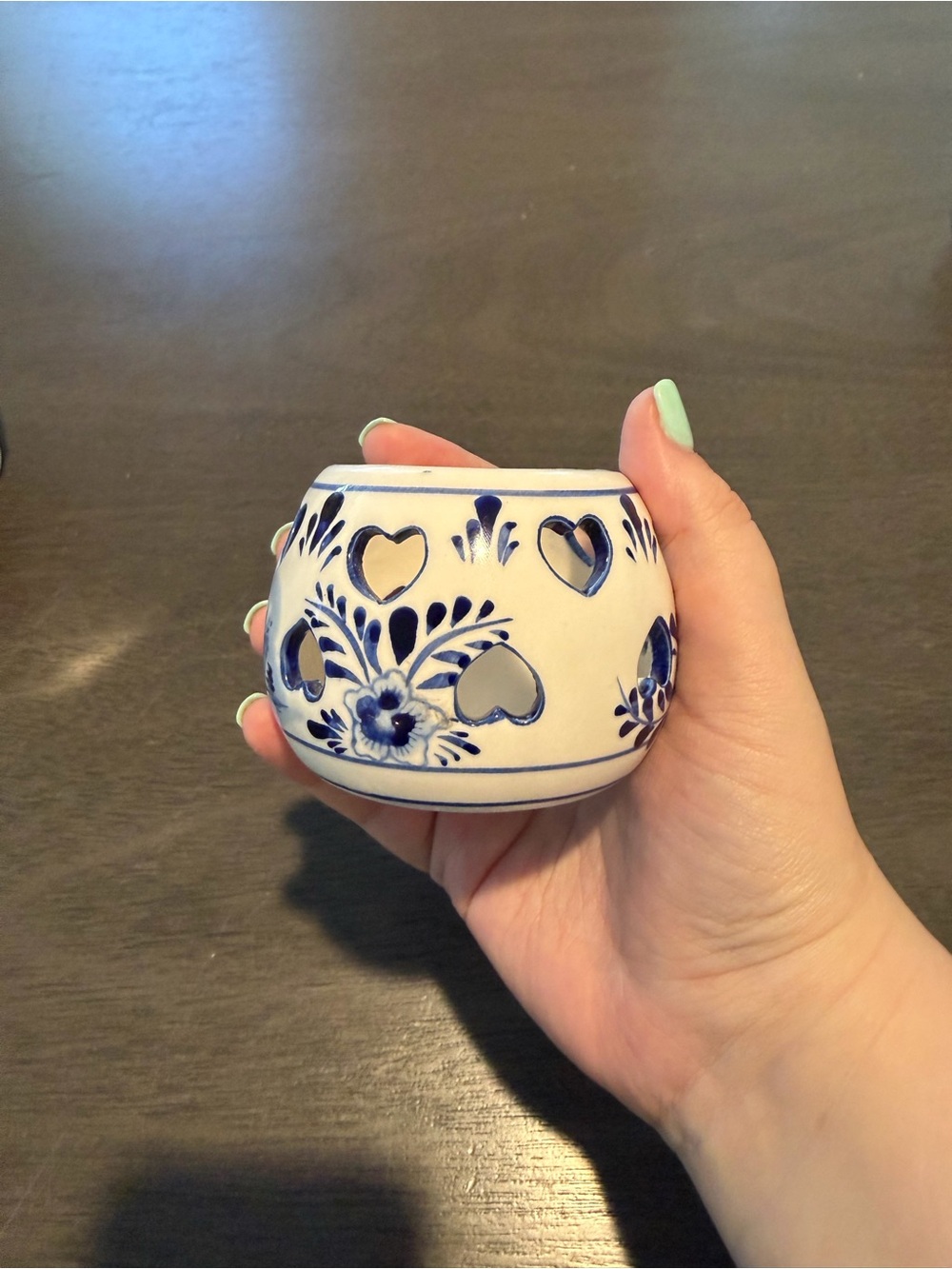TS Holland Delft Blue and White Heart Cutout Ceramic Votive Candle Holder